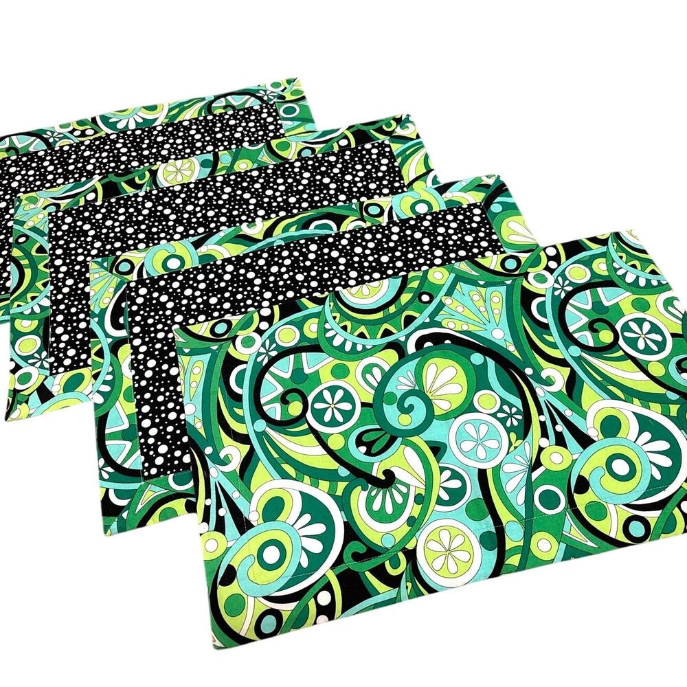 Handmade Set of 4 Fabric Placemats Groovy Retro-style Paisley Design Reversible